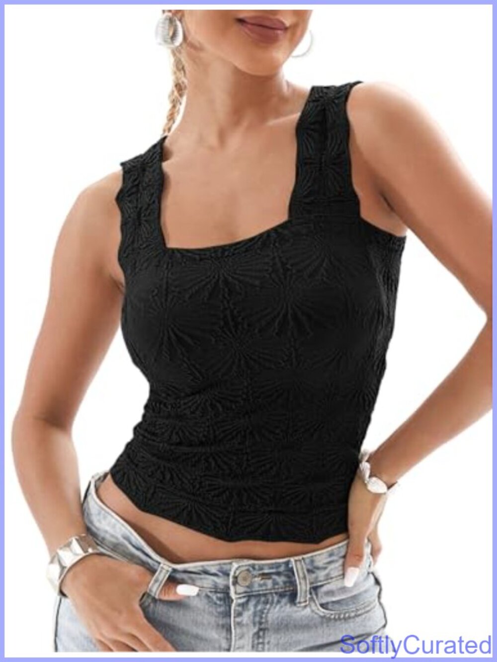 Floral Embroidered Square Neck Crop Tank Top Cami Lettuce Trim